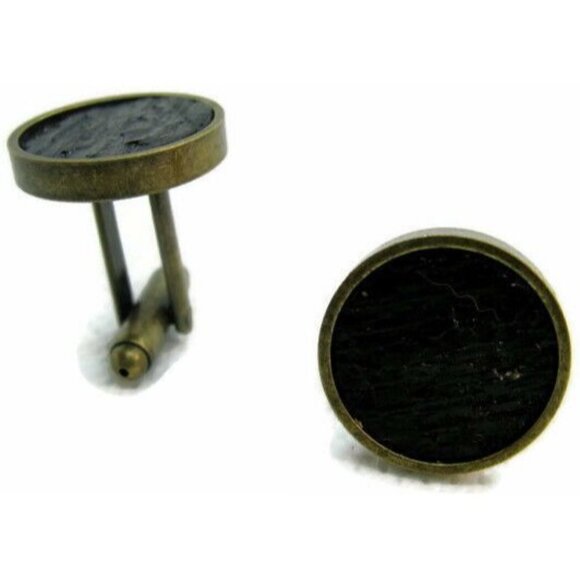 Textured Black Cuff Bullet Round 1" x 3/4" Antique Gold-Tone Base Men Cufflinks - Picture 9 of 10
